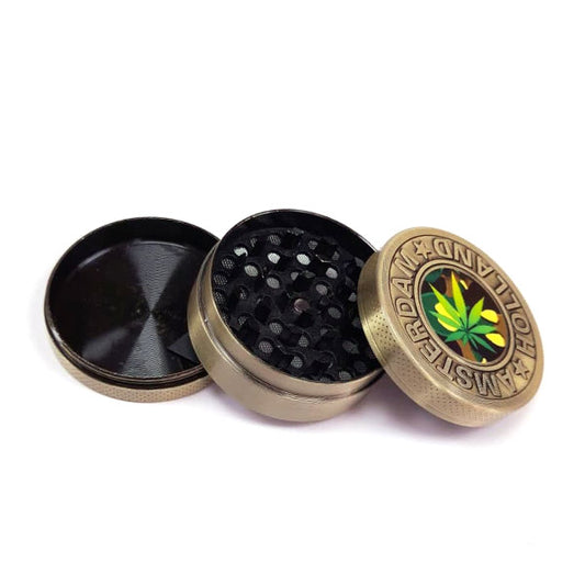 Grinder Impollinatore Metallo Cannabis Amsterdam Foglia Oro 50 mm 3 parti