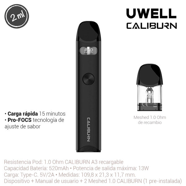 Vaporizzatore Uwell Caliburn Kit Nero 520 mAh.