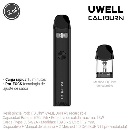 Vapeador Uwell Caliburn Kit Black 520 mah.