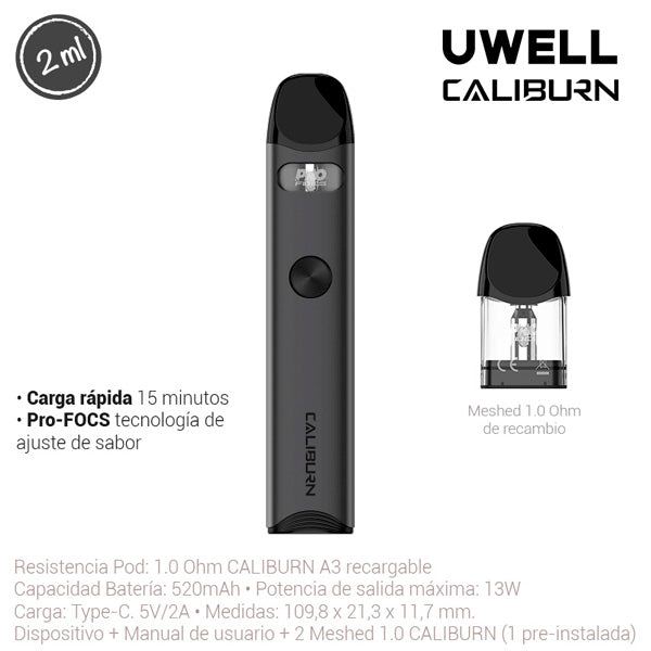 Uwell Caliburn Silver Kit 520mAh Vape.