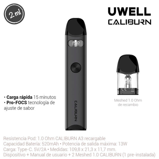 Vapeador Uwell Caliburn Silver Kit 520 mah.