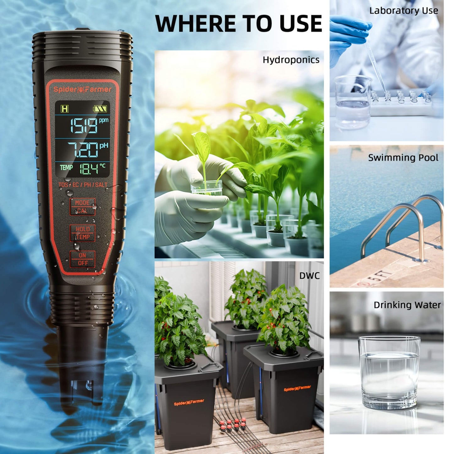 Medidor Spider Farmer 5-en-1 pH Hydroponic Meter Kit