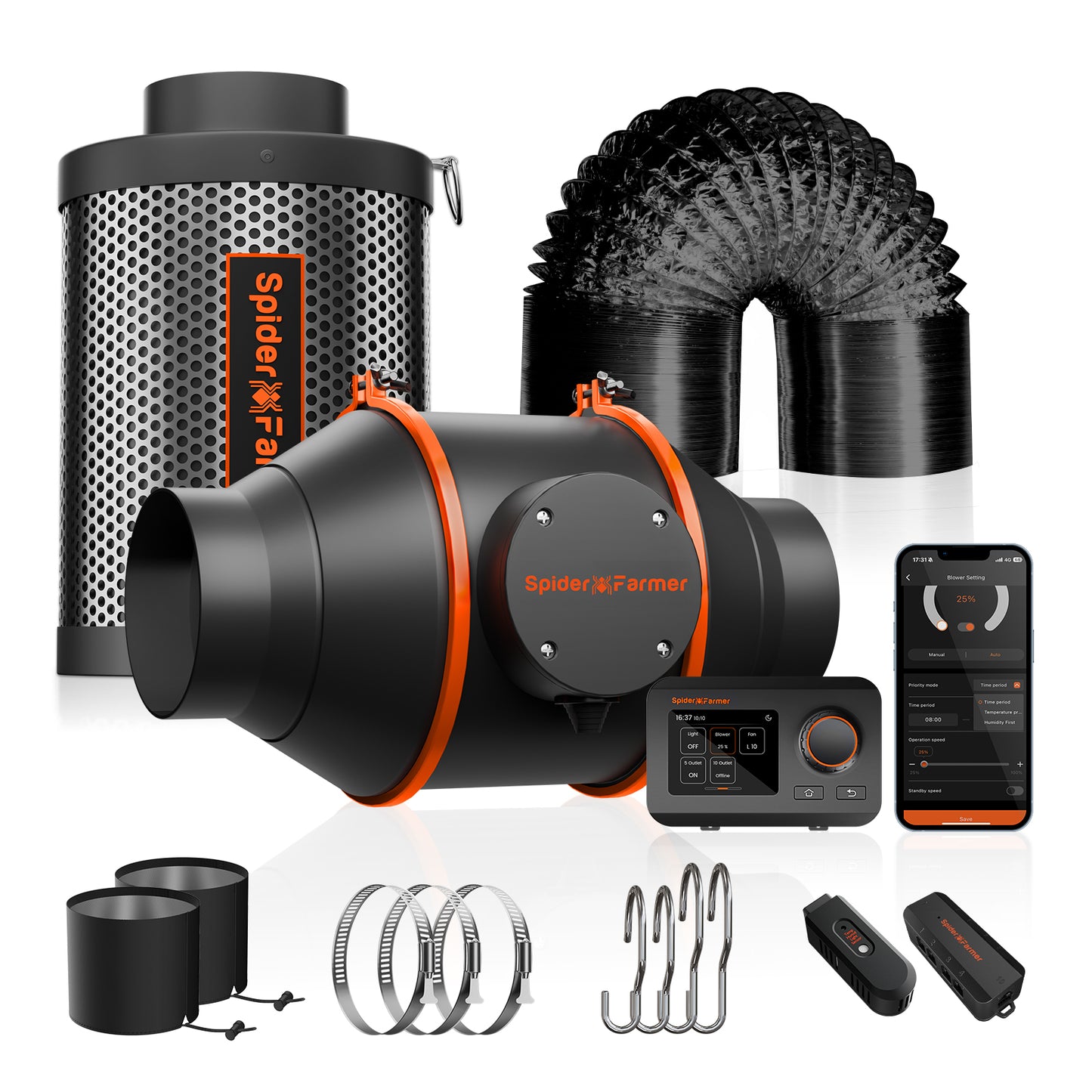 Kit Extracción Spider Farmer 150 mm 6" 402 CFM con Filtro Carbón y GGS