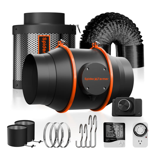 Kit Extracción Spider Farmer 100 mm 4" 205 CFM con Filtro Carbón y Speed Controller