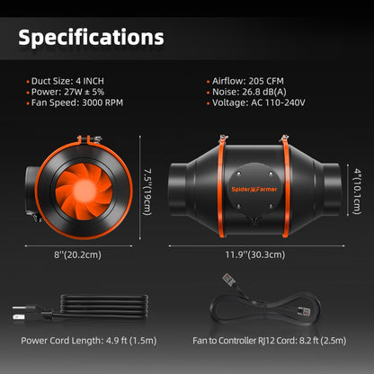 Extractor Spider Farmer 100 mm 4" 205 CFM con Speed Controller