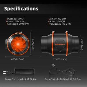 Kit Extracción Spider Farmer 150 mm 6" 402 CFM con Filtro Carbón y Speed Controller