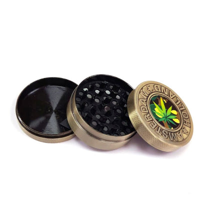 Gold Metal Cannabis Amsterdam Leaf Pollen Grinder 50mm 3-part