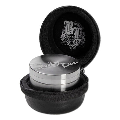Stainless Steel Pollinator Grinder & Leather Pouch Steely Dan 40 mm.